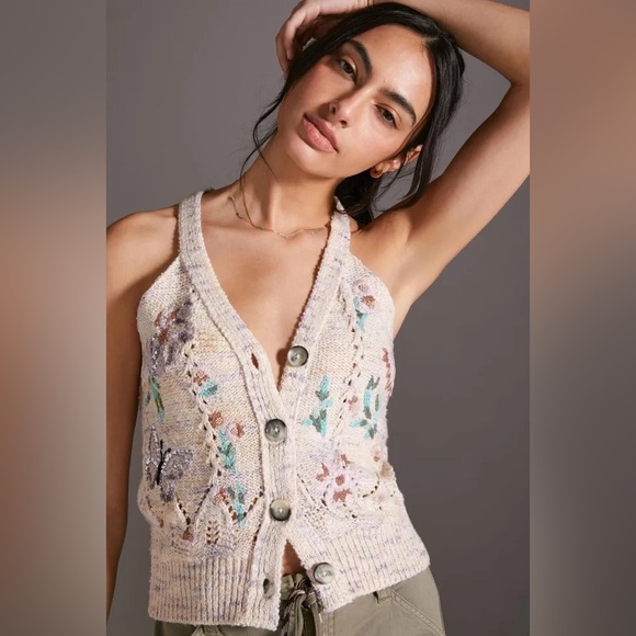 ‼️RARE‼️🎸ANTHROPOLOGIE🎸🔥NWT🔥 Gardenia Button-Up Sweater Vest in Neutral— S